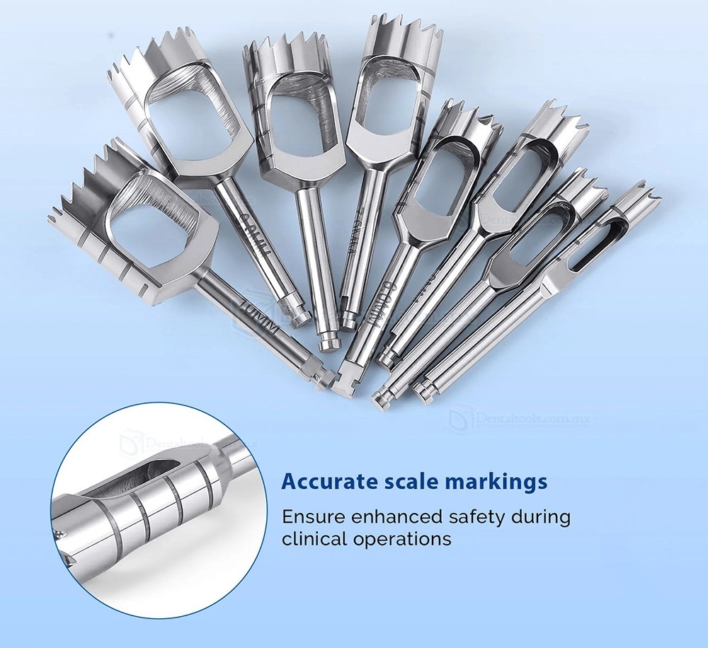 Set de 8 Piezas Kit de Trefinas para Hueso en Implantes Dentales Tipo Corto Instrumental Quir&uacute;rgico